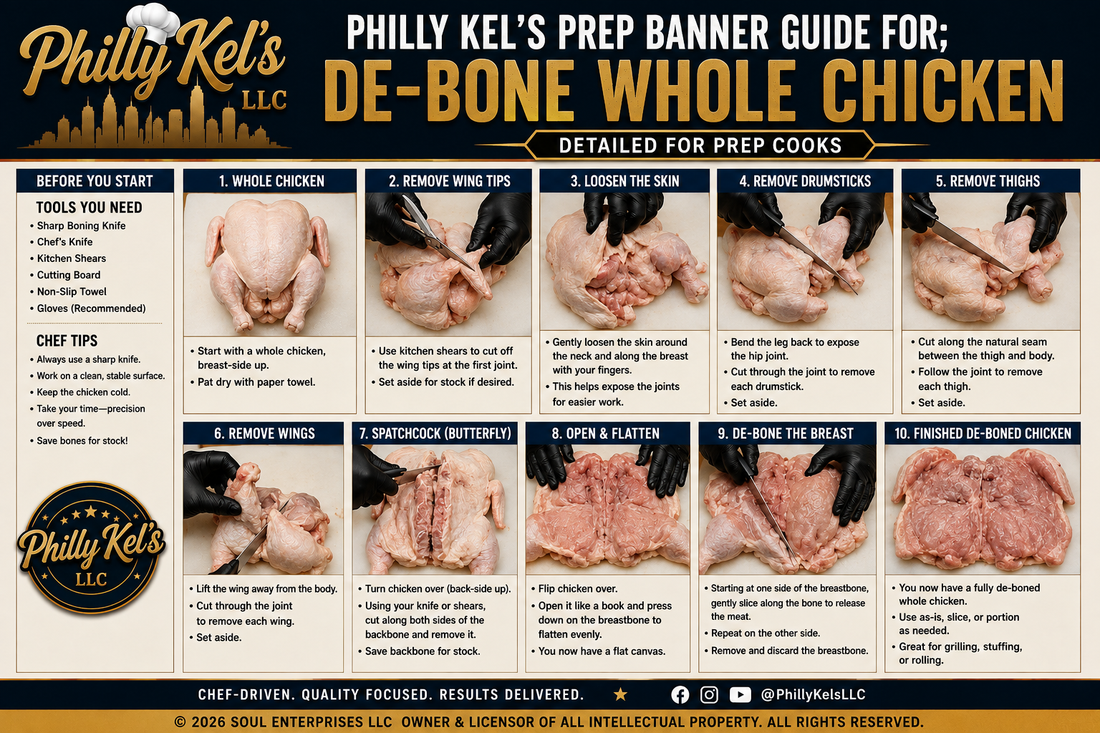 Philly Kel’s Masterclass #002 de-bone whole chicken step-by-step prep cook training guide