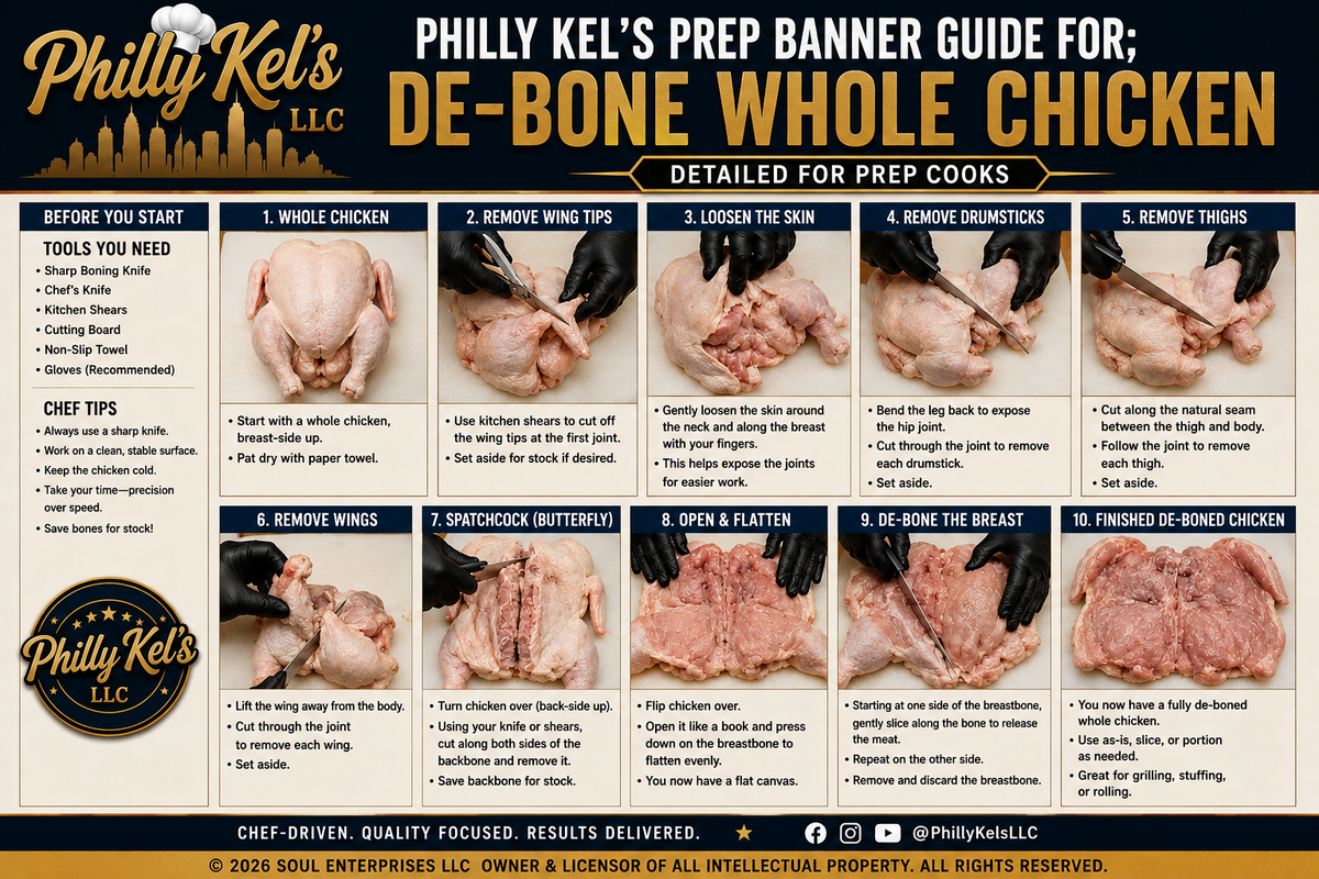 Philly Kel’s Masterclass #002 de-bone whole chicken step-by-step prep cook training guide
