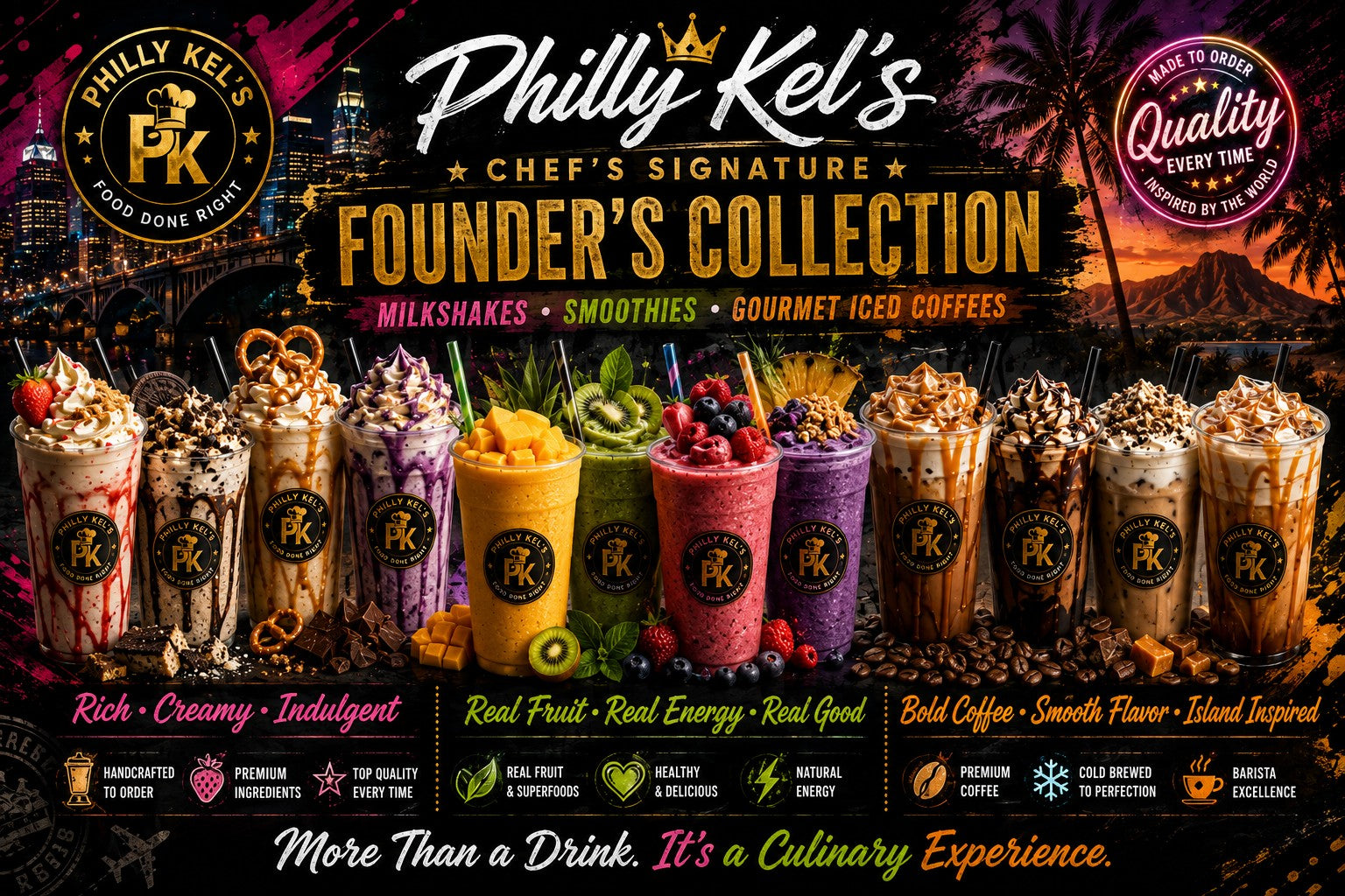 Philly Kel’s Chef’s Signature Founder’s Collection Beverages, Milkshakes, Smoothies and Gourmet Iced Coffees Menu Collection